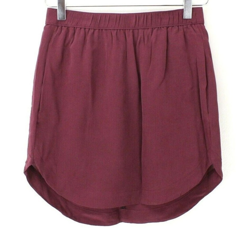 Madewell Silk Mini Skirt XS Burgundy Red Pull‎ On Elastic Waist Pockets Preppy